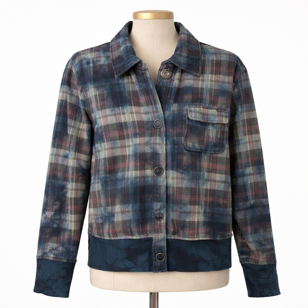 Roxy Y2K Grunge Tie Dye Plaid Jacket Sz L Multicolor Snap Button Insulated Indie